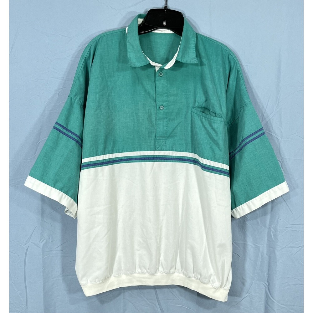 VTG WINDRIDGE MERVYNS Men's GREEN/WHITE Twill BANDED HEM 1-Pocket POLO SHIRT XL